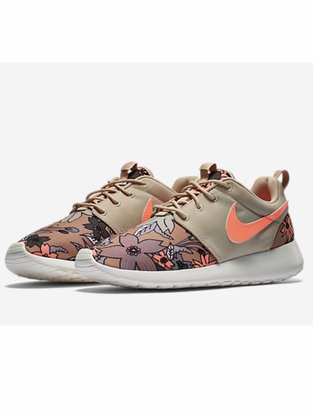 Nike Women’s Floral Roshe Run in Tan with Coral Swoosh